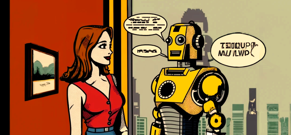 Frau spricht mit Roboter. Illustration für ChatGPT für PR, Social Media und Content Marketing - Online Seminar
