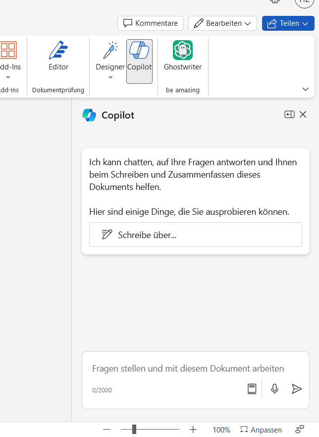 Der Microsoft Copilot Pro in Word - Chatfenster